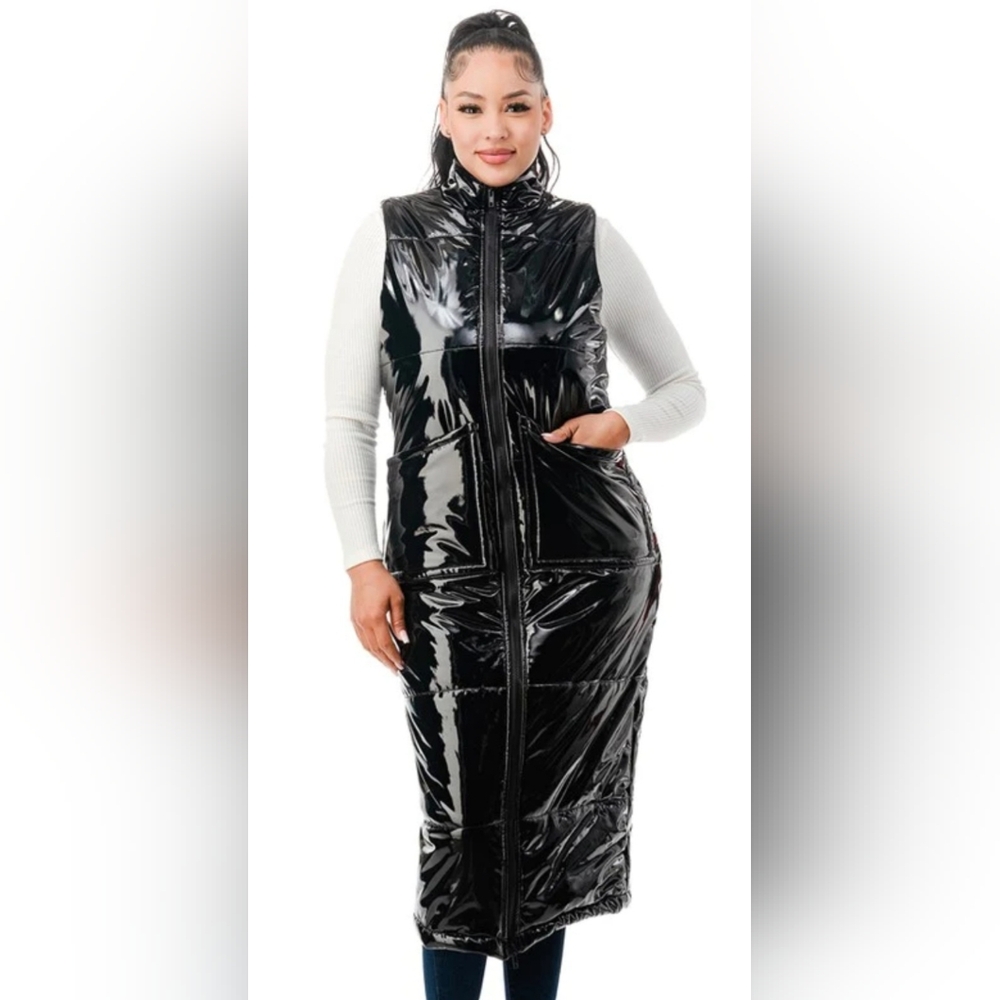 36point5 Long Maxi Black Patent Vinyl Shine Leather Puffer Zip Vest Size Small